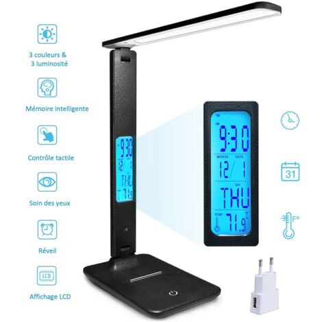 Lampe de bureau Rechargeable - Lampe de table Réglable et Pliable, avec Calendrier, Température et Réveil, 3 niveaux de luminosité