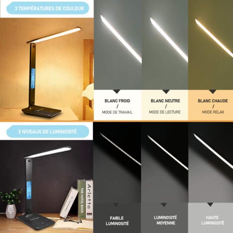 Lampe de bureau Rechargeable - Lampe de table Réglable et Pliable, avec Calendrier, Température et Réveil, 3 niveaux de luminosité