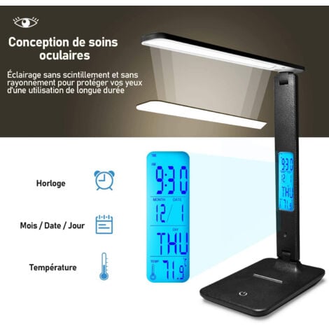 Lampe de bureau Rechargeable - Lampe de table Réglable et Pliable, avec Calendrier, Température et Réveil, 3 niveaux de luminosité
