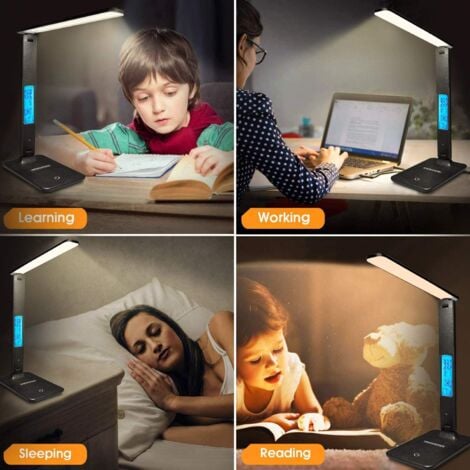 Lampe de bureau Rechargeable - Lampe de table Réglable et Pliable, avec Calendrier, Température et Réveil, 3 niveaux de luminosité