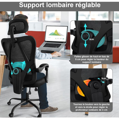 Chaise De Bureau Ergonomique Ximstar - Appui-tête Et Accoudoirs Réglables - Dossier En Maille - Charge 150kg - Noir