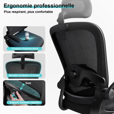 Chaise de Bureau Ergonomique Hauteur Ajustable avec Appuie-Tête et Accoudoir Réglables Fauteuil de Bureau Maille Respirante - Noir