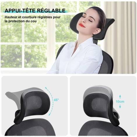 Chaise de Bureau Ergonomique Hauteur Ajustable avec Appuie-Tête et Accoudoir Réglables Fauteuil de Bureau Maille Respirante - Noir