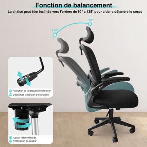 Chaise de Bureau Ergonomique Hauteur Ajustable avec Appuie-Tête et Accoudoir Réglables Fauteuil de Bureau Maille Respirante - Noir