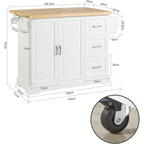 SoBuy Carrello Cucina Mobile Cucina Bianco Con Route Credenza Cucina Piano in Legno FKW41-WN
