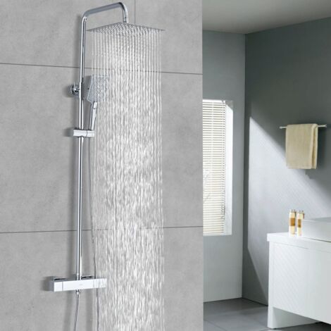 DETBOM Colonna Doccia Termostatica Sistema Doccia Cromato Elegante Set Doccia con Miscelatore Termostatico per Bagno Soffione Doccia a Pioggia Quadrato