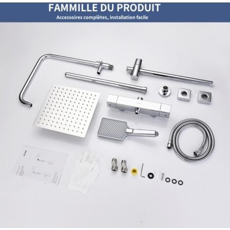 DETBOM Colonna Doccia Termostatica Sistema Doccia Cromato Elegante Set Doccia con Miscelatore Termostatico per Bagno Soffione Doccia a Pioggia Quadrato