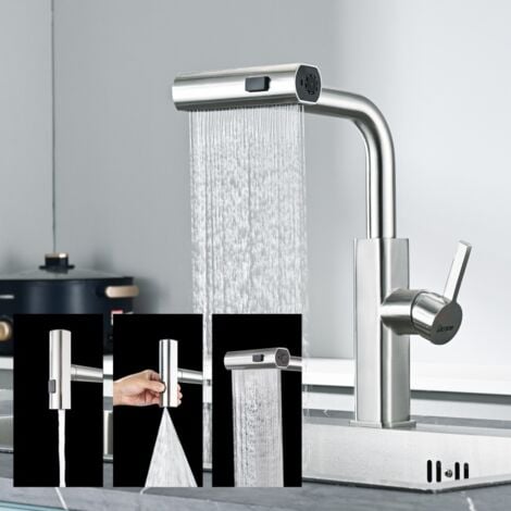 DETBOM Robinet de Cuisine avec Douchette Extractible Mitigeur Cuisine 3 Jets Bec Rotatif Mitigeur d'Évier en Acier Nickel Brossé