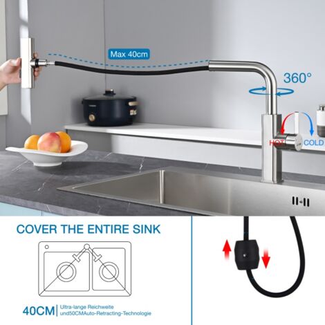 DETBOM Robinet de Cuisine avec Douchette Extractible Mitigeur Cuisine 3 Jets Bec Rotatif Mitigeur d'Évier en Acier Nickel Brossé