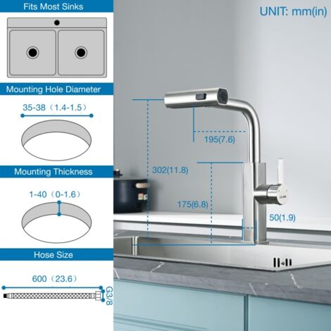DETBOM Robinet de Cuisine avec Douchette Extractible Mitigeur Cuisine 3 Jets Bec Rotatif Mitigeur d'Évier en Acier Nickel Brossé