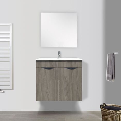 PACK MEUBLE SALLE DE BAINS 80cm : MEUBLE GAIA ECO 80cm - 2 PORTES - CHÊNE GRIS + VASQUE CÉRAMIQUE + MIROIR (1/3)