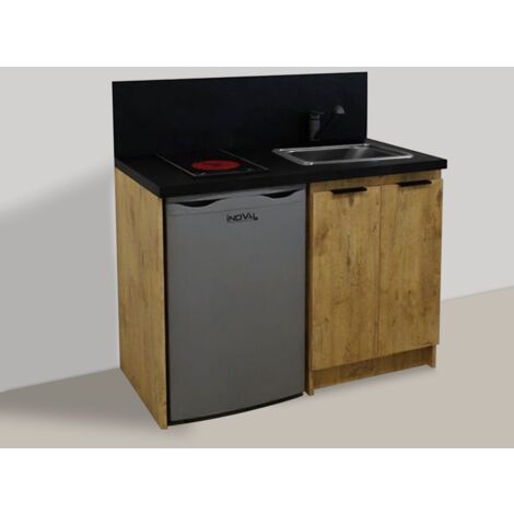 Inoval – Kitchenette chêne golden 120cm – Meuble bas mélaminé 16mm – Plaque vitrocéramique 3000W – Réfrigérateur table top 86L – Évier inox 39x45cm