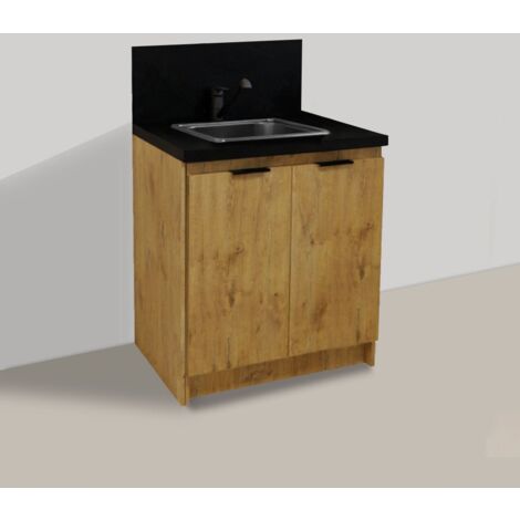 Inoval – Kitchenette chêne golden 80cm – Évier inox rectangulaire 39x45cm – Mitigeur noir avec bec orientable – Meuble bas mélaminé 16mm (1/4)