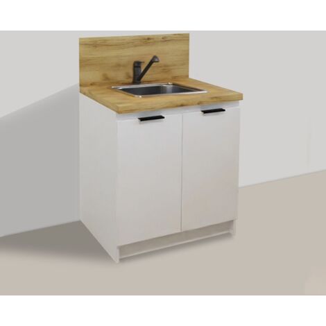 Inoval – Kitchenette blanche 80cm – Évier inox 39x45cm – Mitigeur chrome – Meuble mélaminé 16mm – Plan de travail stratifié 38mm hydrofuge