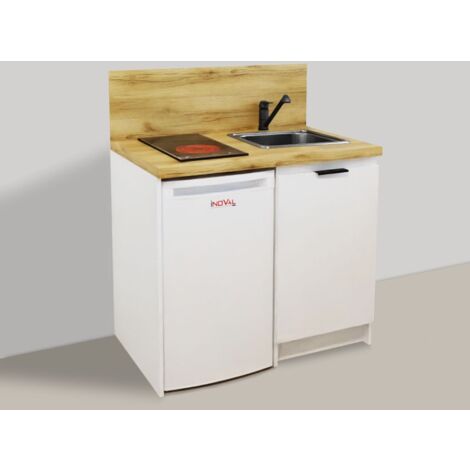 Inoval – Kitchenette blanche 100cm – Meuble mélaminé 16mm – Plaque vitrocéramique 3000W – Évier inox 39x45cm – Réfrigérateur table top 86L