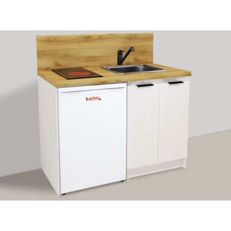 Inoval – Kitchenette blanche 120cm – Meuble bas mélaminé 16mm – Plaque vitrocéramique 3000W – Réfrigérateur table top 86L – Évier inox 48cm