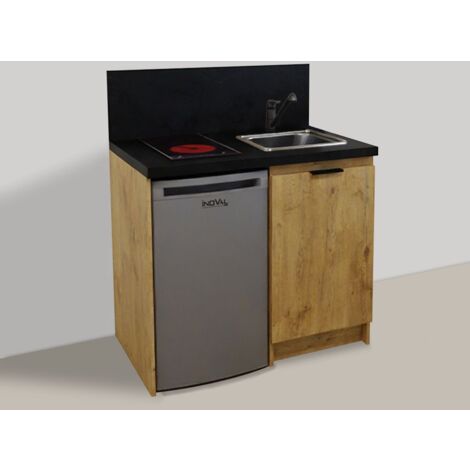 Inoval – Kitchenette chêne golden 100cm – Évier 39x45cm – Réfrigérateur 86L – Plaque de cuisson 3000W – Mitigeur orientable