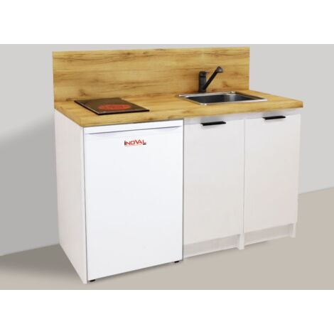 Inoval – Kitchenette blanche 140cm – Meuble bas mélaminé 16mm – Plaque vitrocéramique 3000W – Réfrigérateur table top 106L – Évier inox 39x45cm