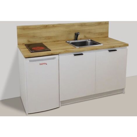 Inoval – Kitchenette blanche 170cm – Meuble mélaminé 16mm – Évier inox 39cm – Plaque vitrocéramique 3000W – Réfrigérateur table top 86L