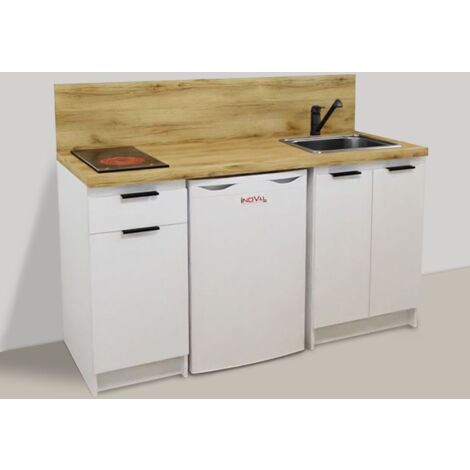 Inoval – Kitchenette blanche 160cm – Meuble bas mélaminé 16mm – Plaque vitrocéramique 3000W – Réfrigérateur table top 106L – Évier inox 39x45cm