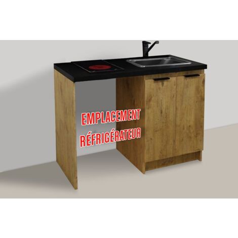Inoval – Kitchenette chêne golden 120cm – Meuble bas mélaminé 16mm – Plaque vitrocéramique 3000W – Évier inox 39x45cm – Mitigeur noir orientable