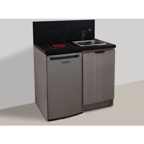 Inoval – Kitchenette chêne gris 100cm – Meuble bas mélaminé 19mm – Plaque vitrocéramique 3000W – Réfrigérateur table top 86L – Évier inox 39x45cm