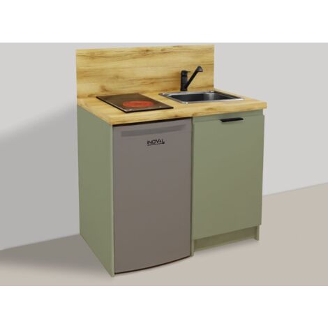 Inoval – Kitchenette TERRA VERT ARGILE 100cm – Meuble bas mélaminé 19mm – Plaque vitrocéramique 3000W – Réfrigérateur table top 86L
