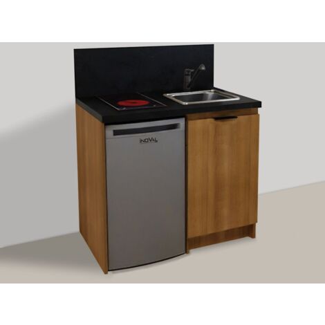 Inoval – Kitchenette merisier 100cm – Meuble bas mélaminé 19mm – Évier inox 39x45cm – Plaque vitrocéramique 3000W – Réfrigérateur table top 86L