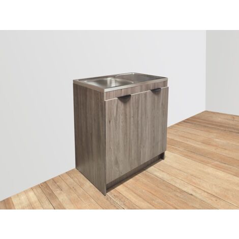 KITCHENETTE CHENE GRIS 80cm + PLAN EVIER INOX (1/4)