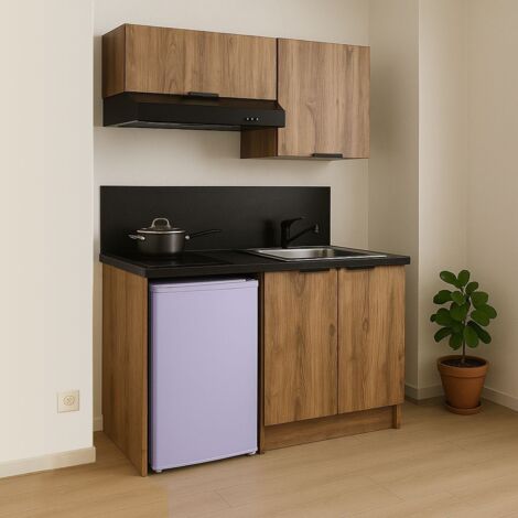 KITCHENETTE MERISIER 120cm + PLAQUE DE CUISSON + REFRIGERATEUR + HOTTE + MICRO-ONDES + EVIER + MITIGEUR + MEUBLES HAUTS