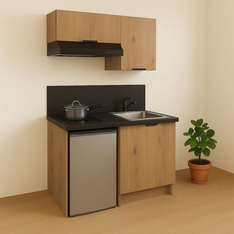 KITCHENETTE CHÊNE GOLDEN 100cm + PLAQUE DE CUISSON + REFRIGERATEUR + HOTTE + MICRO-ONDES + EVIER + MITIGEUR + MEUBLES HAUTS