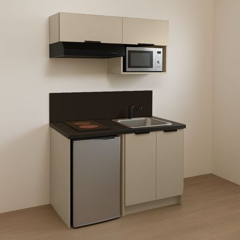 KITCHENETTE TERRA SUAVE 120cm + PLAQUE DE CUISSON + REFRIGERATEUR + HOTTE + MICRO-ONDES + EVIER + MITIGEUR + MEUBLES HAUTS