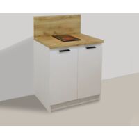 Inoval – Cuisine kitchenette blanche 80cm – Plaque vitrocéramique 2 foyers – Puissance 3000W – Meuble bas avec crédence chêne Delano