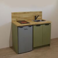 Inoval – Kitchenette TERRA VERT ARGILE 120cm – Meuble mélaminé 19mm – Plaque vitrocéramique 3000W – Réfrigérateur 86L avec congélateur