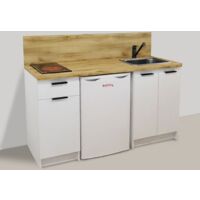 Inoval – Kitchenette blanche 160cm – Meuble bas mélaminé 16mm – Plaque vitrocéramique 3000W – Réfrigérateur table top 106L – Évier inox 39x45cm