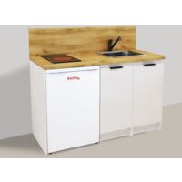 Inoval – Kitchenette blanche 150cm – Meuble mélaminé 16mm – Plaque vitrocéramique 3000W – Réfrigérateur table top 106L – Évier inox 39x45cm