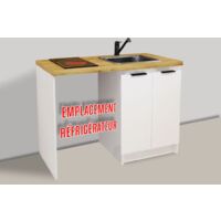 Inoval – Kitchenette blanche 120cm – Meuble mélaminé 16mm – Plan de travail stratifié hydrofuge – Évier inox rectangulaire – Plaque vitrocéramique 3000W