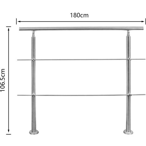 Rampe d'escalier en acier inoxydable - 180 cm - Avec 2 barres transversales pour l'intérieur et l'extérieur - Rampe d'entrée de qualité supérieure pour balcon, escalier et parapet