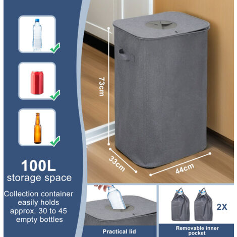 Lifewit 100L Collecteur de Bouteilles Rond avec Couvercle, Poubelle Cuisine Tri Selectif avec Trou, Poubelle Recyclage pour Bouteilles Verre, Récipient de Collecte de Bouteilles Consignées, Noir