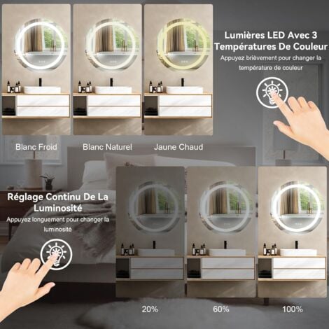 Miroir Mural Lumineux LED de Salle de Bain Rond Simple, étanche 3 Couleurs Lumière avec Interrupteur Tactile 40×40CM