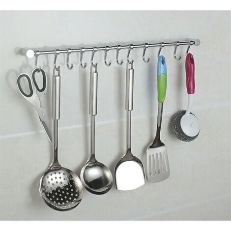 Crochet Barre de Cuisine  Acier Inox Crochet à torchon  53cm avec 12 Crochets Argent