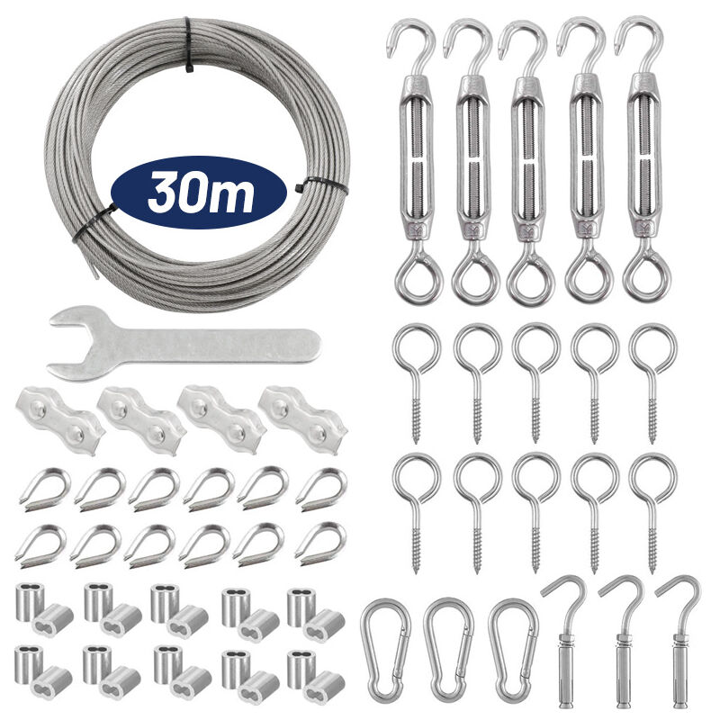 Kit Câble Acier Inoxydable 30m Avec Tendeurs - Pour Linge, Plantes, éclairage