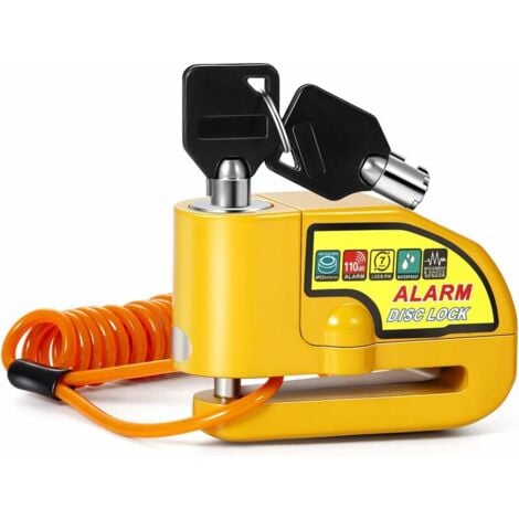 Bloc Disque Alarme Antivol Moto Bloque Disque Scooter Disc Lock avec Alarme de 110db,2Clés,1.5m Câble Antivol,1 Sac de Bloc Disque Alarme pour Moto/Vélo/Scooter (Jaune)