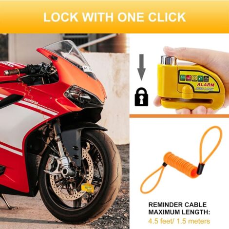 Bloc Disque Alarme Antivol Moto Bloque Disque Scooter Disc Lock avec Alarme de 110db,2Clés,1.5m Câble Antivol,1 Sac de Bloc Disque Alarme pour Moto/Vélo/Scooter (Jaune)