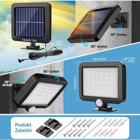 Lot De 2 Lampes Solaires Extérieur 56 Led Avec Détecteur De Mouvement, Étanchéité Ip65, Angle D'Éclairage 120°, Applique Murale Solaire Pour Jardin Lumière solaire extérieure Avec Câble De 16.5FT