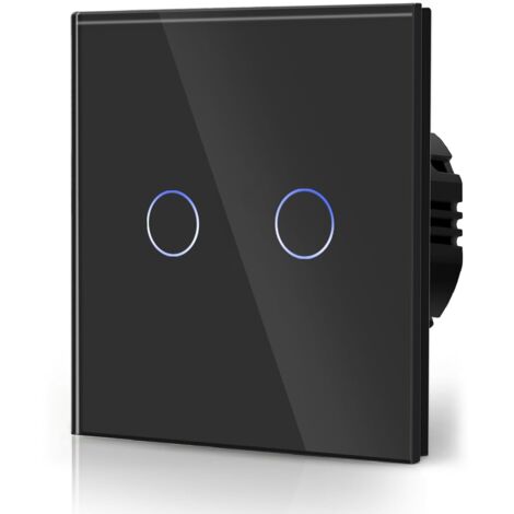 Interrupteur Tactile Normal Commutateur d'éclairage Mural Compatible avec la lumière LED Écran Tactile en Verre 110V-240V Plaque de Cristal Trempé avec Rétroéclairage Bouton 2 Gang 2 Voie Noir