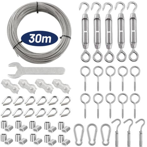 Lot de 59 Corde Cable Acier Inoxydable de 30 m - Tendeur de câble en acier inoxydable 304 - Avec œillets - Tuteurs pour plantes grimpantes, cordes à linge, lumières suspendues