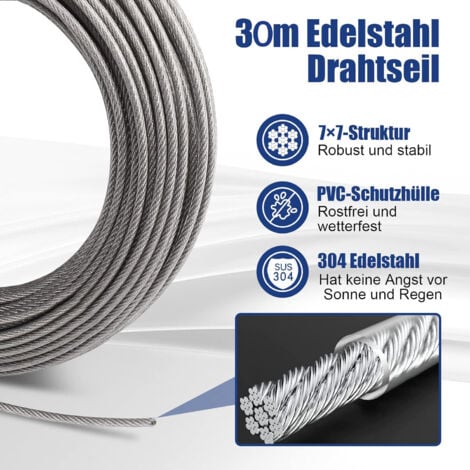 Lot de 59 Corde Cable Acier Inoxydable de 30 m - Tendeur de câble en acier inoxydable 304 - Avec œillets - Tuteurs pour plantes grimpantes, cordes à linge, lumières suspendues