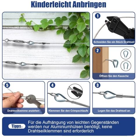 Lot de 59 Corde Cable Acier Inoxydable de 30 m - Tendeur de câble en acier inoxydable 304 - Avec œillets - Tuteurs pour plantes grimpantes, cordes à linge, lumières suspendues