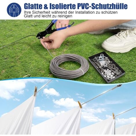 Lot de 59 Corde Cable Acier Inoxydable de 30 m - Tendeur de câble en acier inoxydable 304 - Avec œillets - Tuteurs pour plantes grimpantes, cordes à linge, lumières suspendues